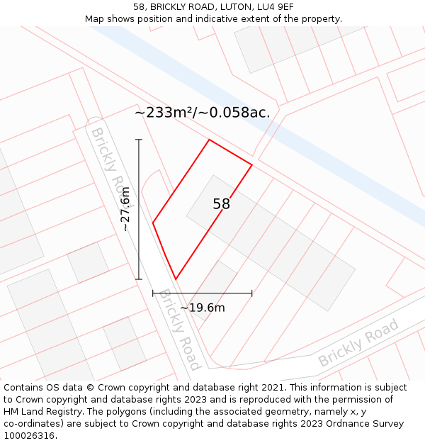 58, BRICKLY ROAD, LUTON, LU4 9EF: Plot and title map