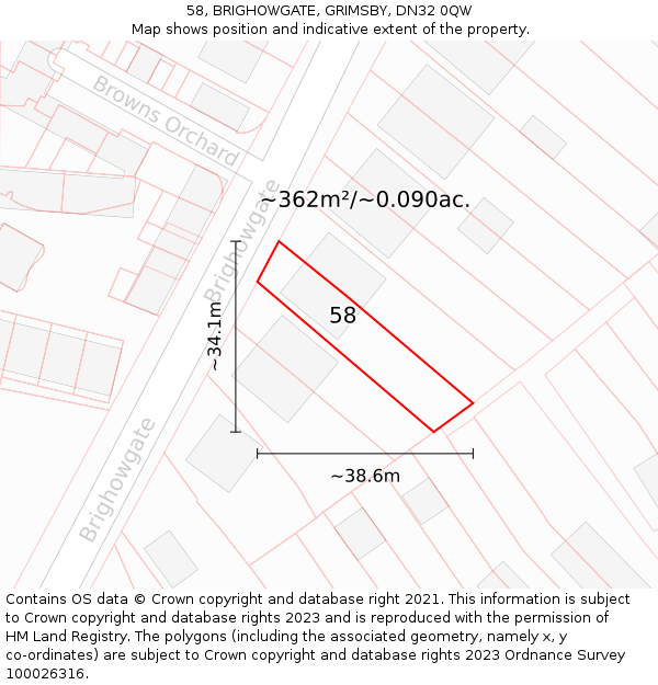 58, BRIGHOWGATE, GRIMSBY, DN32 0QW: Plot and title map