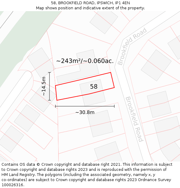 58, BROOKFIELD ROAD, IPSWICH, IP1 4EN: Plot and title map