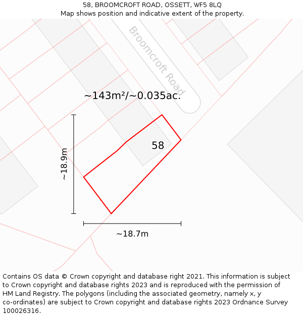 58, BROOMCROFT ROAD, OSSETT, WF5 8LQ: Plot and title map