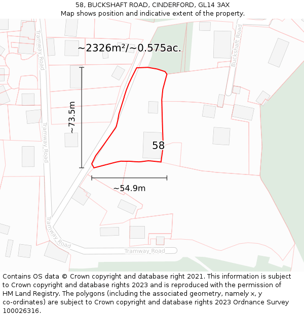 58, BUCKSHAFT ROAD, CINDERFORD, GL14 3AX: Plot and title map