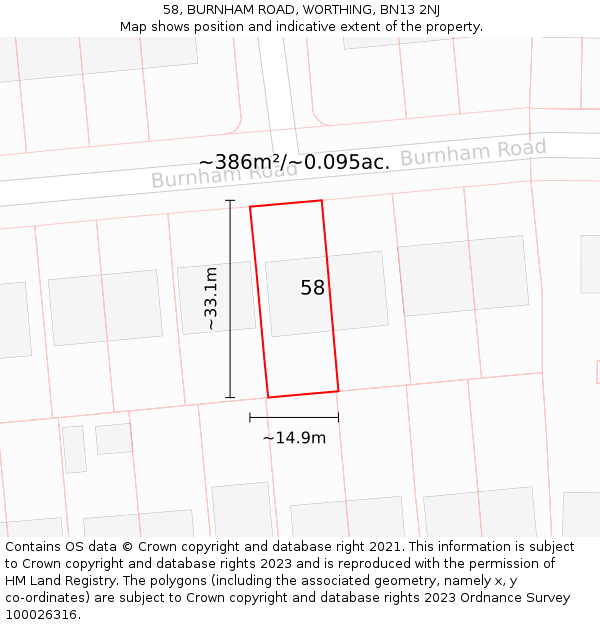 58, BURNHAM ROAD, WORTHING, BN13 2NJ: Plot and title map