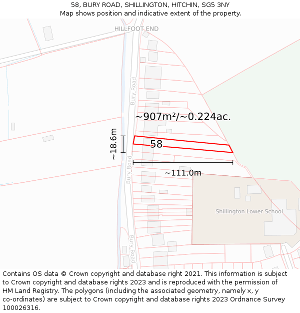 58, BURY ROAD, SHILLINGTON, HITCHIN, SG5 3NY: Plot and title map