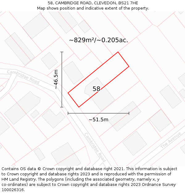 58, CAMBRIDGE ROAD, CLEVEDON, BS21 7HE: Plot and title map