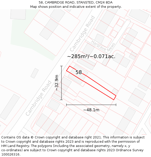 58, CAMBRIDGE ROAD, STANSTED, CM24 8DA: Plot and title map