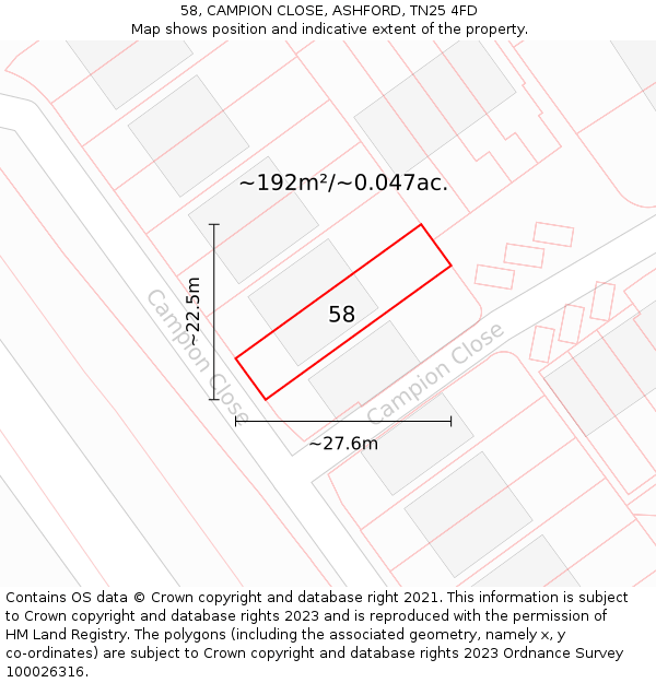 58, CAMPION CLOSE, ASHFORD, TN25 4FD: Plot and title map