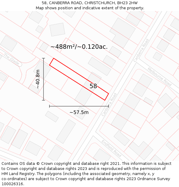 58, CANBERRA ROAD, CHRISTCHURCH, BH23 2HW: Plot and title map