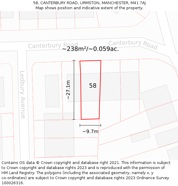 58, CANTERBURY ROAD, URMSTON, MANCHESTER, M41 7AJ: Plot and title map