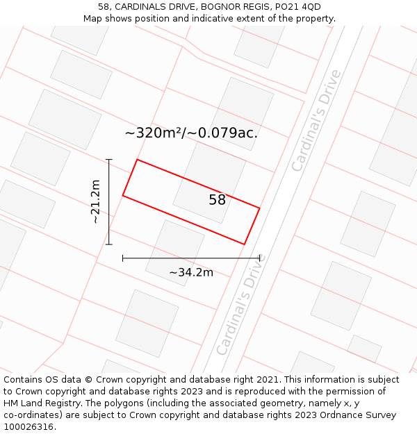 58, CARDINALS DRIVE, BOGNOR REGIS, PO21 4QD: Plot and title map