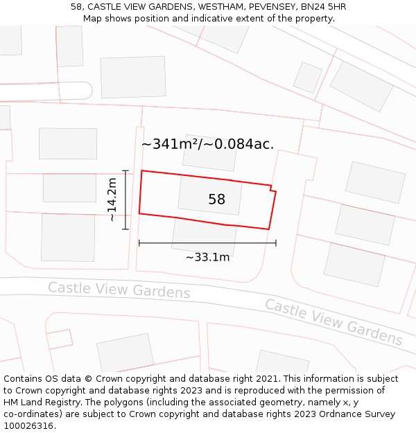 58, CASTLE VIEW GARDENS, WESTHAM, PEVENSEY, BN24 5HR: Plot and title map