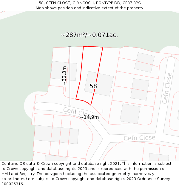 58, CEFN CLOSE, GLYNCOCH, PONTYPRIDD, CF37 3PS: Plot and title map