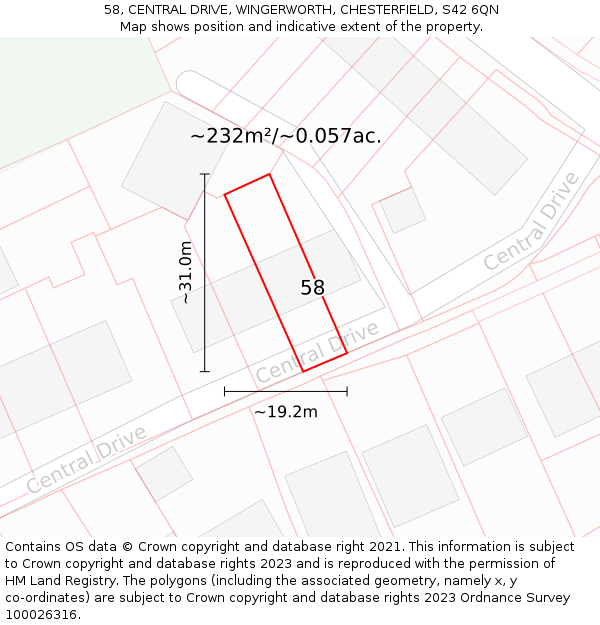 58, CENTRAL DRIVE, WINGERWORTH, CHESTERFIELD, S42 6QN: Plot and title map