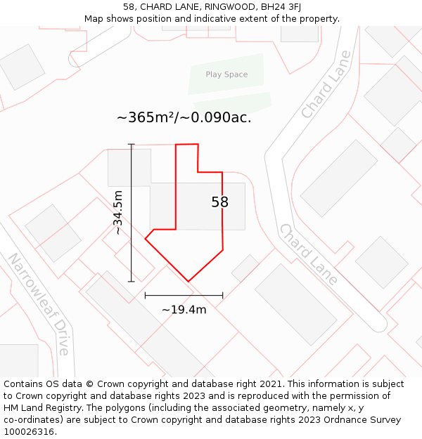 58, CHARD LANE, RINGWOOD, BH24 3FJ: Plot and title map