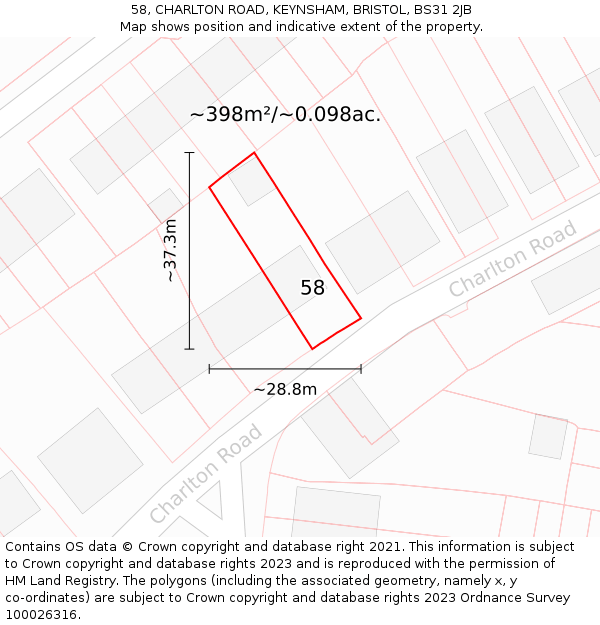 58, CHARLTON ROAD, KEYNSHAM, BRISTOL, BS31 2JB: Plot and title map