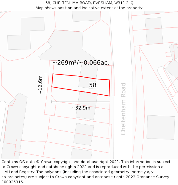 58, CHELTENHAM ROAD, EVESHAM, WR11 2LQ: Plot and title map