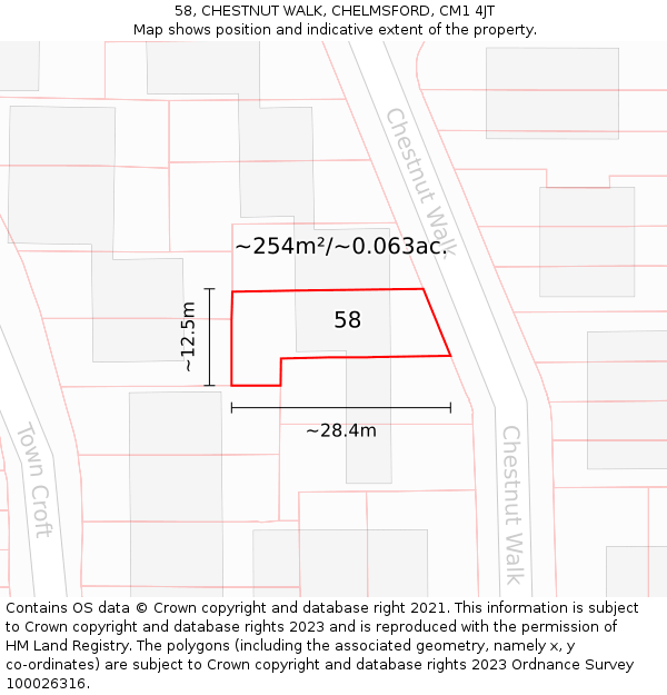 58, CHESTNUT WALK, CHELMSFORD, CM1 4JT: Plot and title map