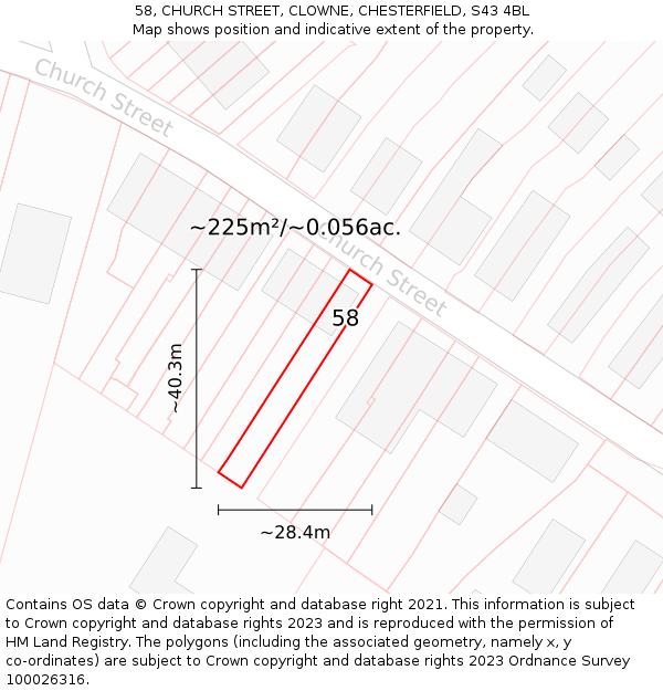 58, CHURCH STREET, CLOWNE, CHESTERFIELD, S43 4BL: Plot and title map