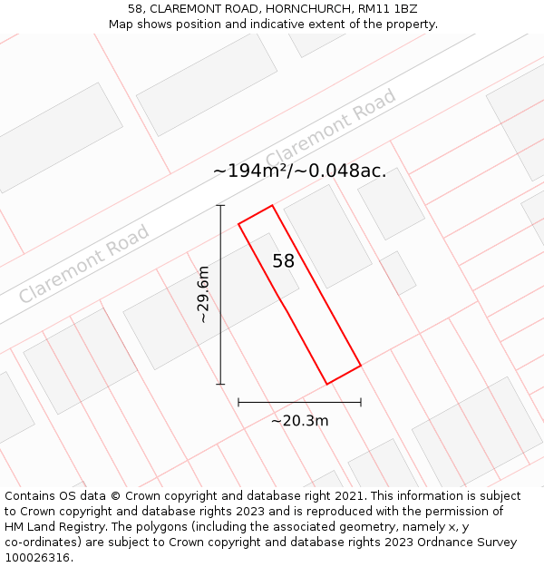 58, CLAREMONT ROAD, HORNCHURCH, RM11 1BZ: Plot and title map