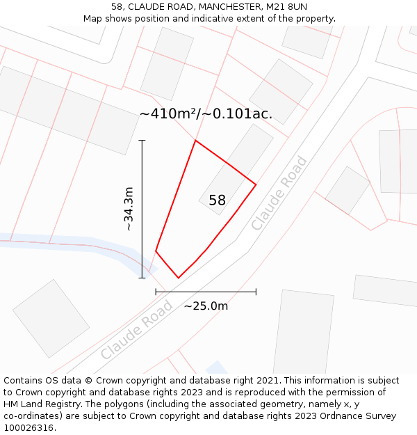 58, CLAUDE ROAD, MANCHESTER, M21 8UN: Plot and title map