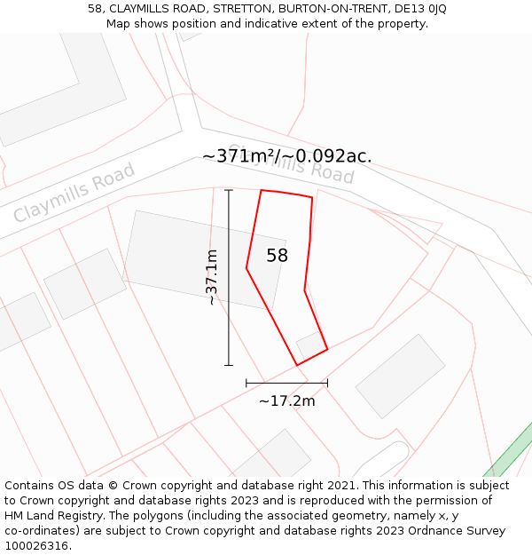 58, CLAYMILLS ROAD, STRETTON, BURTON-ON-TRENT, DE13 0JQ: Plot and title map