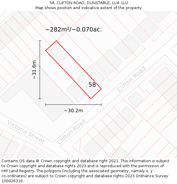 58, CLIFTON ROAD, DUNSTABLE, LU6 1LU: Plot and title map