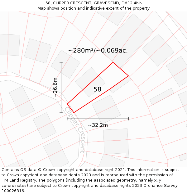 58, CLIPPER CRESCENT, GRAVESEND, DA12 4NN: Plot and title map