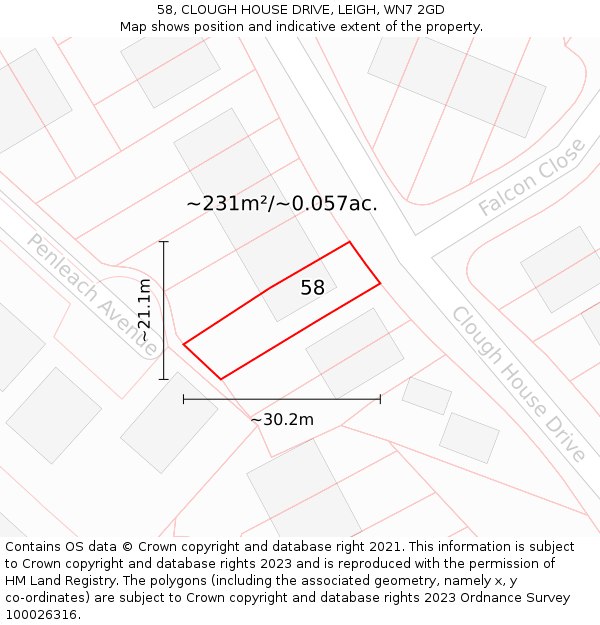 58, CLOUGH HOUSE DRIVE, LEIGH, WN7 2GD: Plot and title map