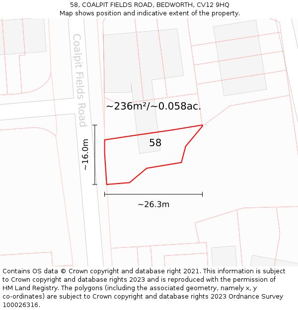 58, COALPIT FIELDS ROAD, BEDWORTH, CV12 9HQ: Plot and title map