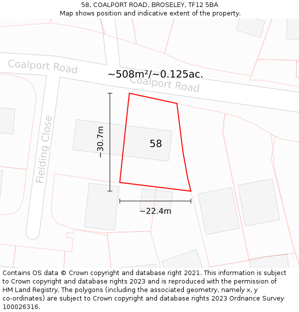 58, COALPORT ROAD, BROSELEY, TF12 5BA: Plot and title map