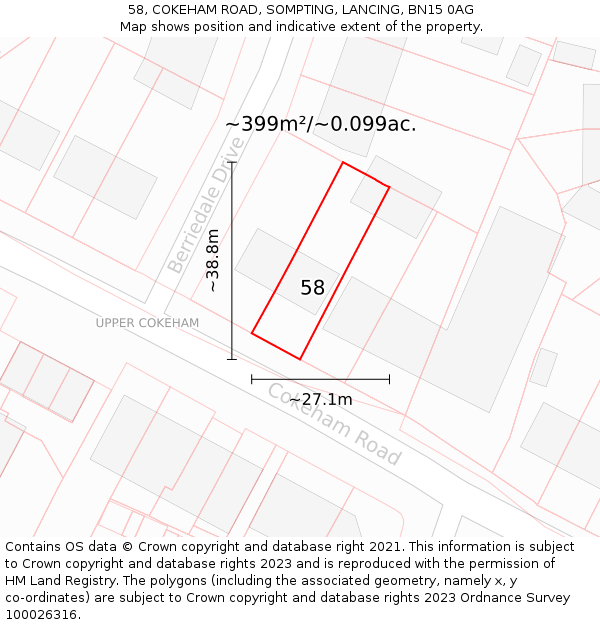 58, COKEHAM ROAD, SOMPTING, LANCING, BN15 0AG: Plot and title map