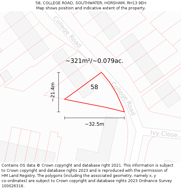 58, COLLEGE ROAD, SOUTHWATER, HORSHAM, RH13 9EH: Plot and title map