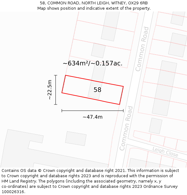 58, COMMON ROAD, NORTH LEIGH, WITNEY, OX29 6RB: Plot and title map