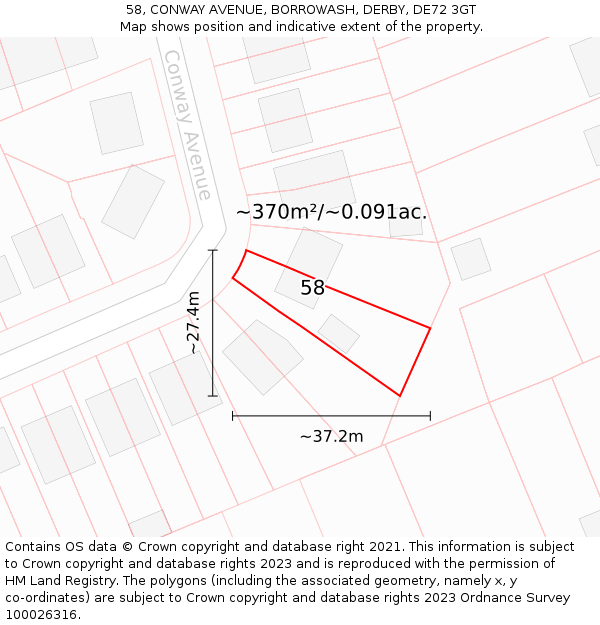 58, CONWAY AVENUE, BORROWASH, DERBY, DE72 3GT: Plot and title map