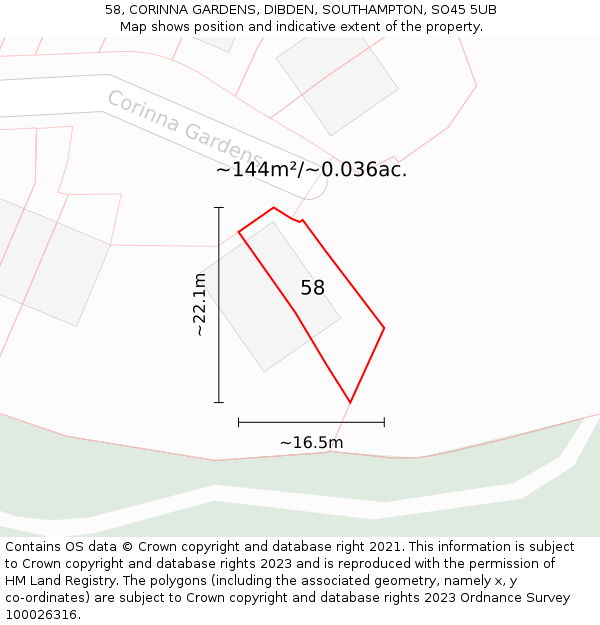 58, CORINNA GARDENS, DIBDEN, SOUTHAMPTON, SO45 5UB: Plot and title map