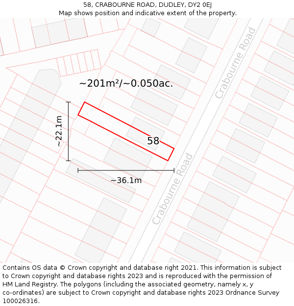 58, CRABOURNE ROAD, DUDLEY, DY2 0EJ: Plot and title map