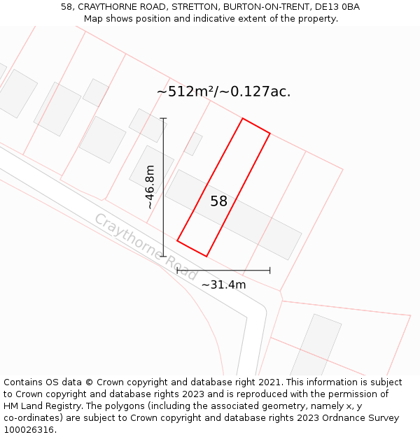 58, CRAYTHORNE ROAD, STRETTON, BURTON-ON-TRENT, DE13 0BA: Plot and title map