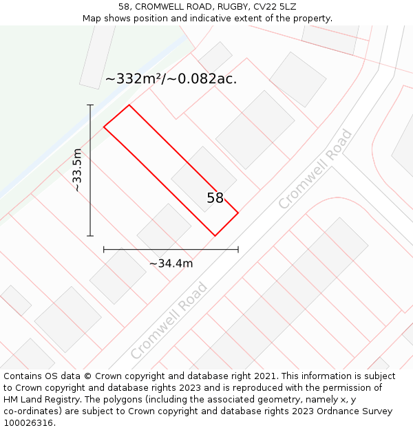 58, CROMWELL ROAD, RUGBY, CV22 5LZ: Plot and title map