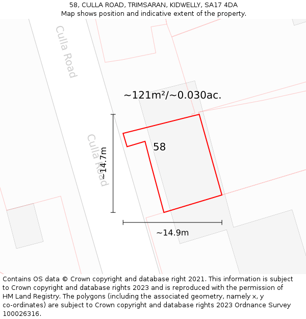 58, CULLA ROAD, TRIMSARAN, KIDWELLY, SA17 4DA: Plot and title map