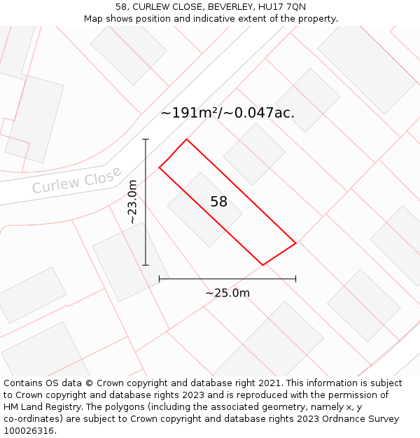 58, CURLEW CLOSE, BEVERLEY, HU17 7QN: Plot and title map