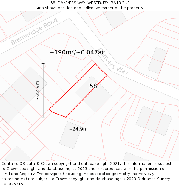 58, DANVERS WAY, WESTBURY, BA13 3UF: Plot and title map