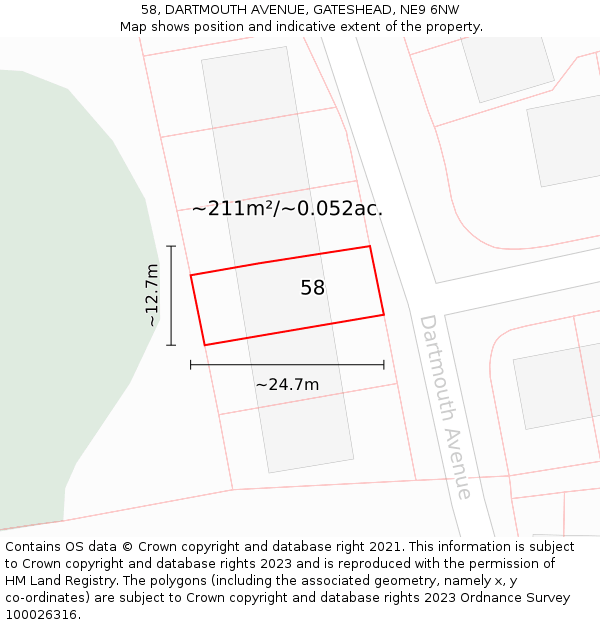 58, DARTMOUTH AVENUE, GATESHEAD, NE9 6NW: Plot and title map