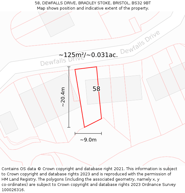 58, DEWFALLS DRIVE, BRADLEY STOKE, BRISTOL, BS32 9BT: Plot and title map