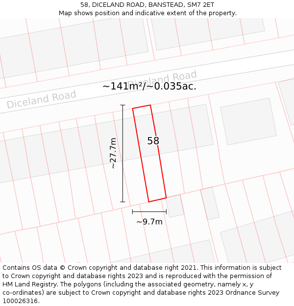 58, DICELAND ROAD, BANSTEAD, SM7 2ET: Plot and title map