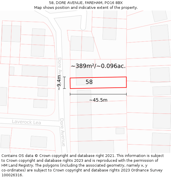 58, DORE AVENUE, FAREHAM, PO16 8BX: Plot and title map