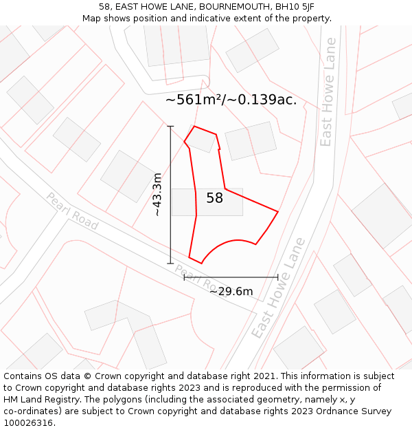 58, EAST HOWE LANE, BOURNEMOUTH, BH10 5JF: Plot and title map