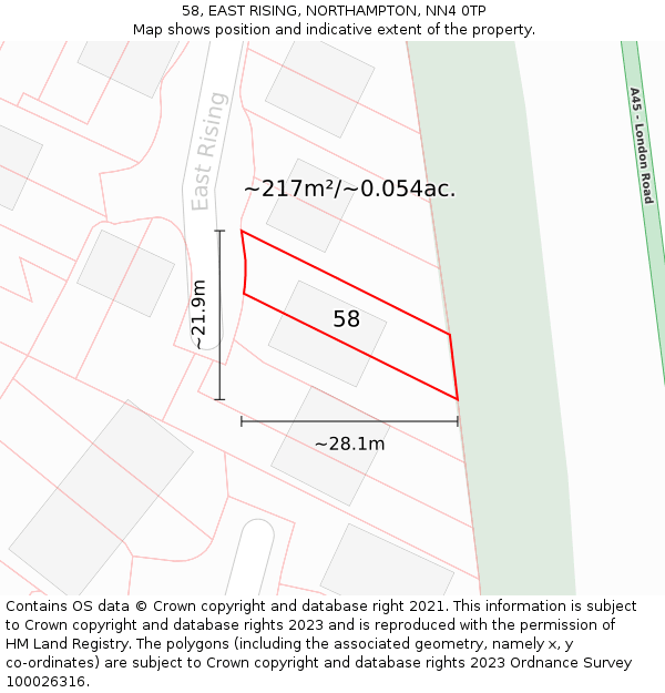 58, EAST RISING, NORTHAMPTON, NN4 0TP: Plot and title map