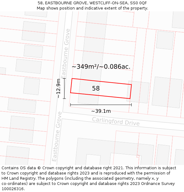 58, EASTBOURNE GROVE, WESTCLIFF-ON-SEA, SS0 0QF: Plot and title map