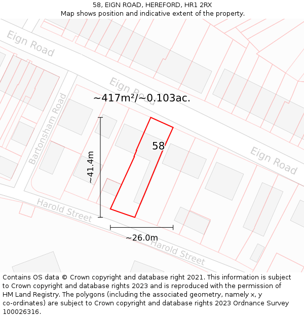 58, EIGN ROAD, HEREFORD, HR1 2RX: Plot and title map