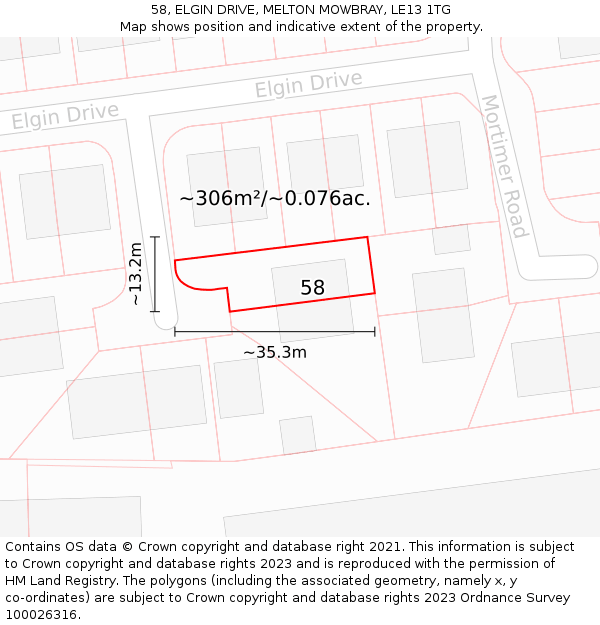 58, ELGIN DRIVE, MELTON MOWBRAY, LE13 1TG: Plot and title map