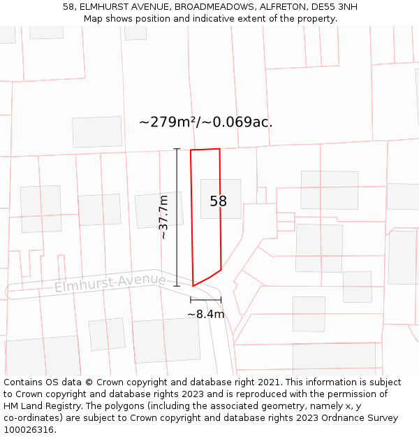 58, ELMHURST AVENUE, BROADMEADOWS, ALFRETON, DE55 3NH: Plot and title map